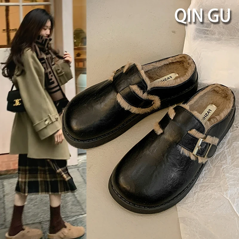 复古厚底勃肯鞋包头半拖女外穿2025新款秋冬加绒一脚蹬毛毛棉拖鞋