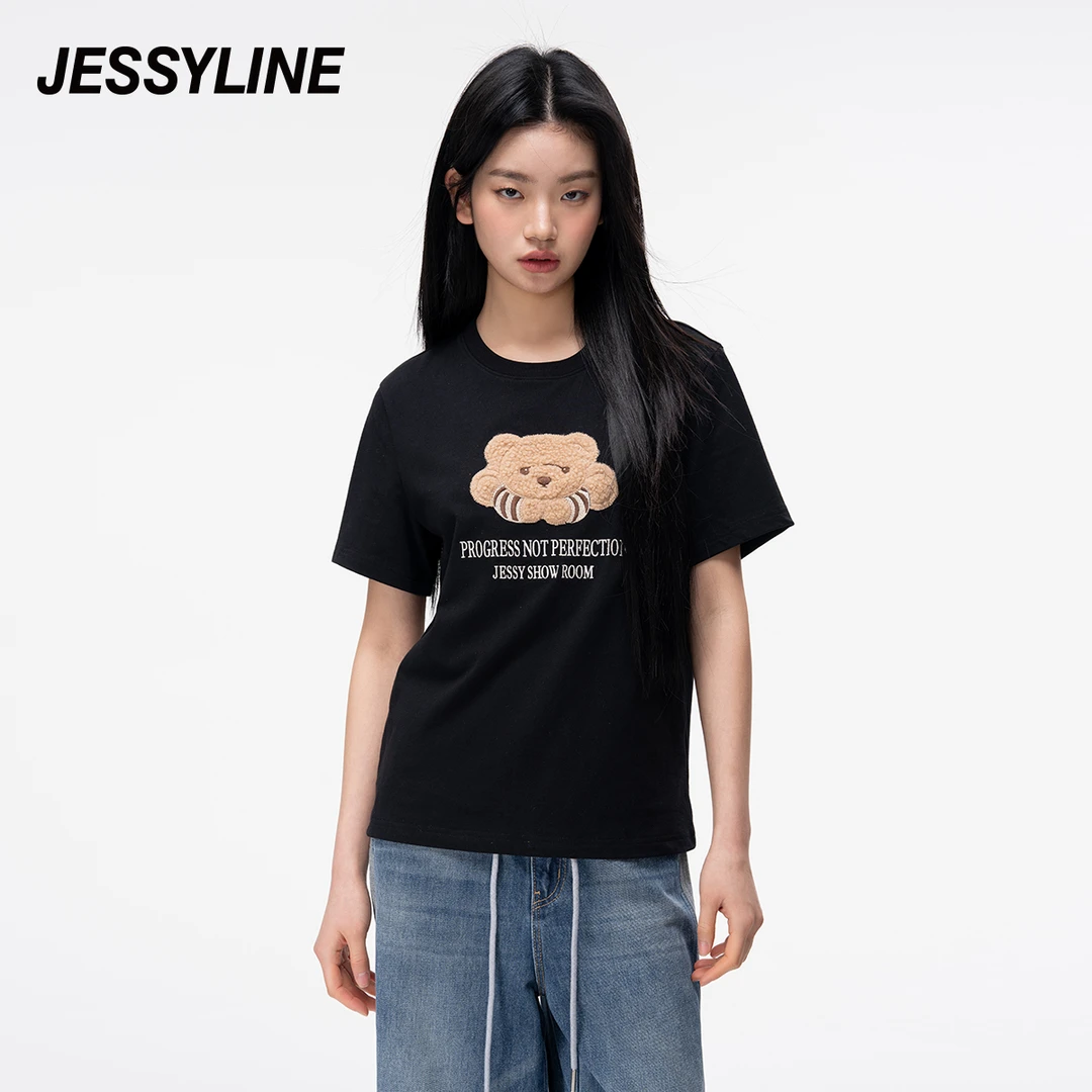 【羊羊专属】jessyline杰茜莱黑色字母小熊短袖T恤女新款百搭上衣