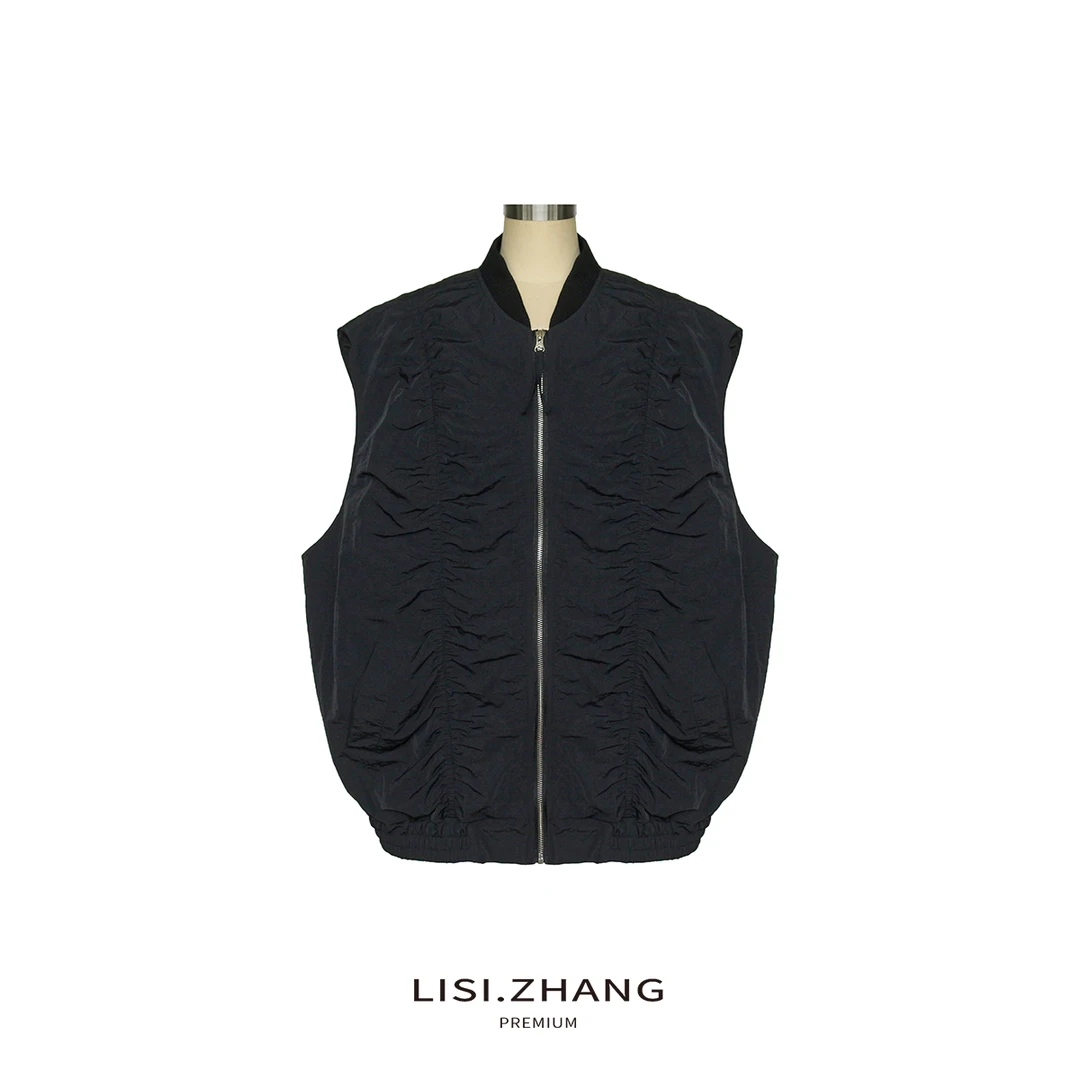 LISI.ZHANG--【褶皱马甲】罗纹拼接V领立体褶皱工装风宽松马夹