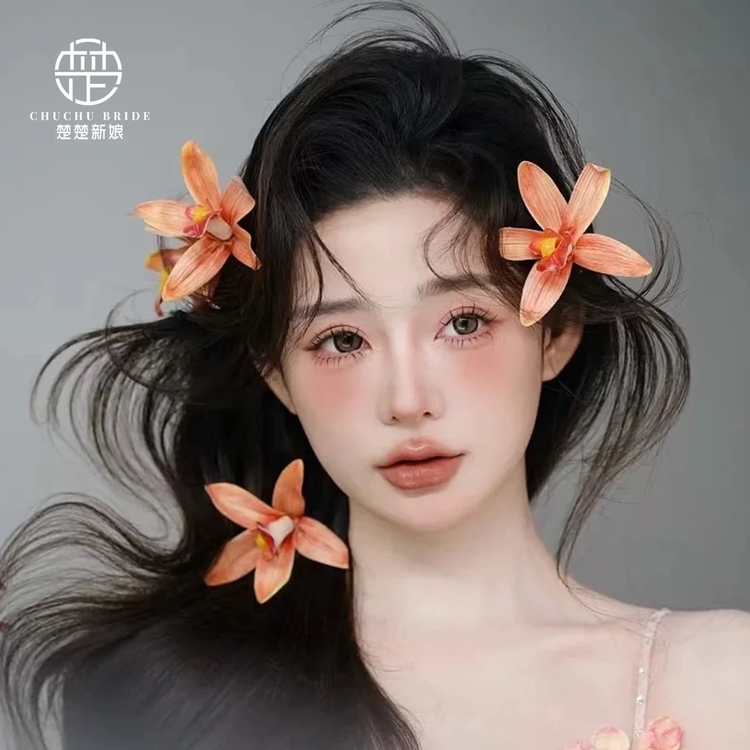 新款橘色仿真蕙兰花朵新中式新娘头饰发簪晨袍簪子发饰配饰