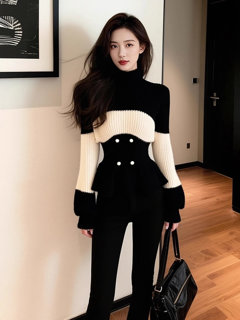 毛衣女装2025新款独特别致巨好看设计感气质黑色拼接高领针织上衣