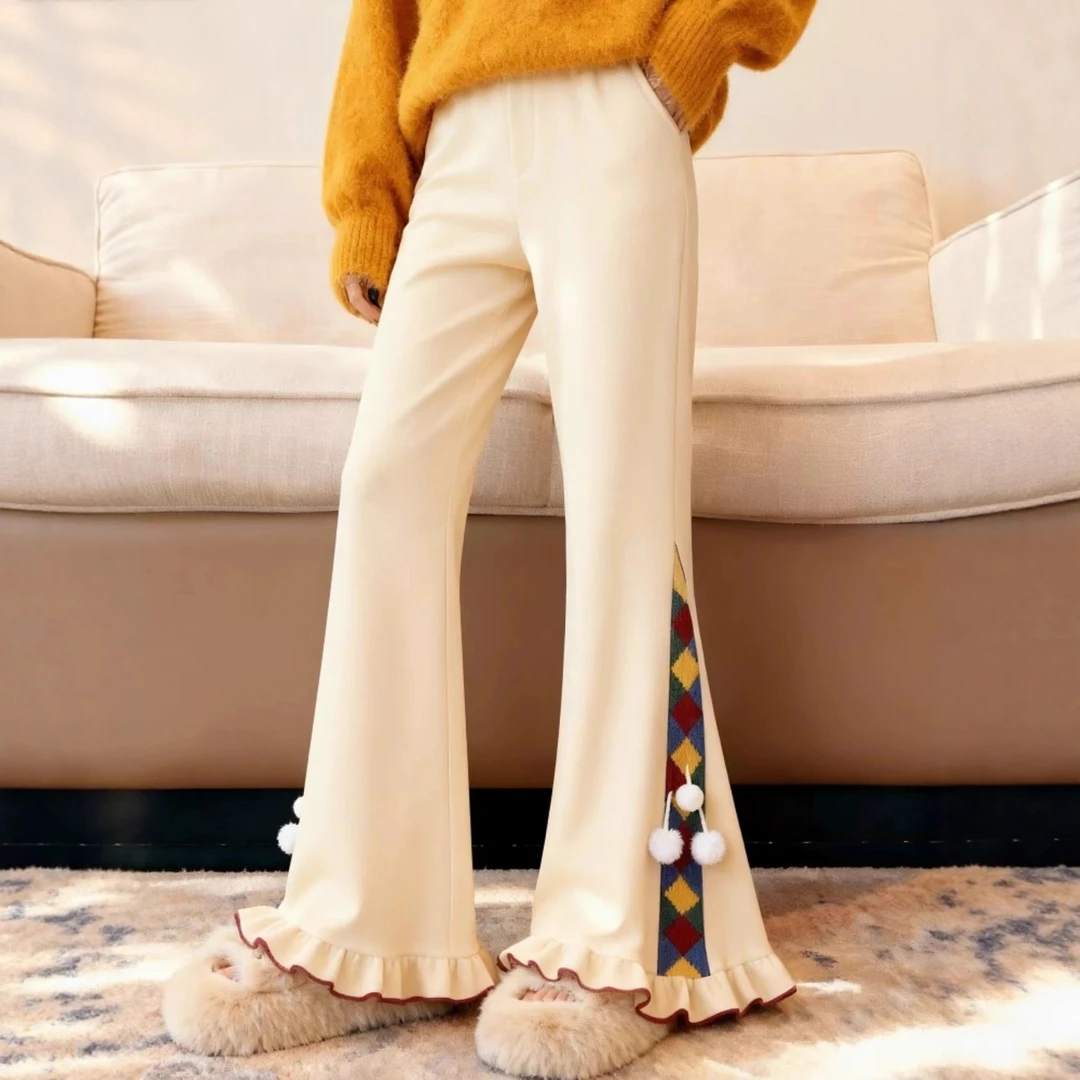 白色花边微喇裤高腰垂感休闲2025超好看的民族风印花裤子女新款冬