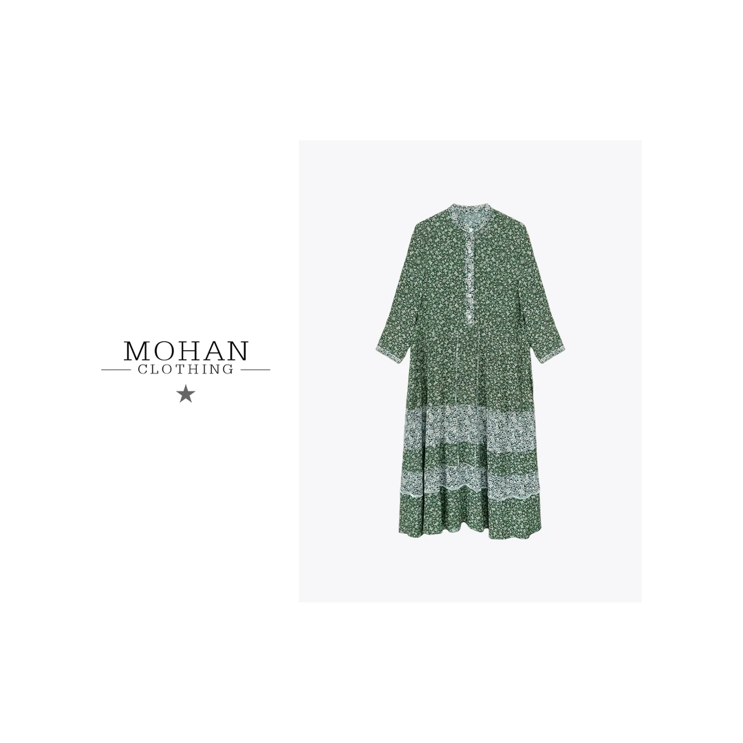 CLOTHING/墨含法式复古田园风碎花七分袖真丝中长连衣裙HY-22109