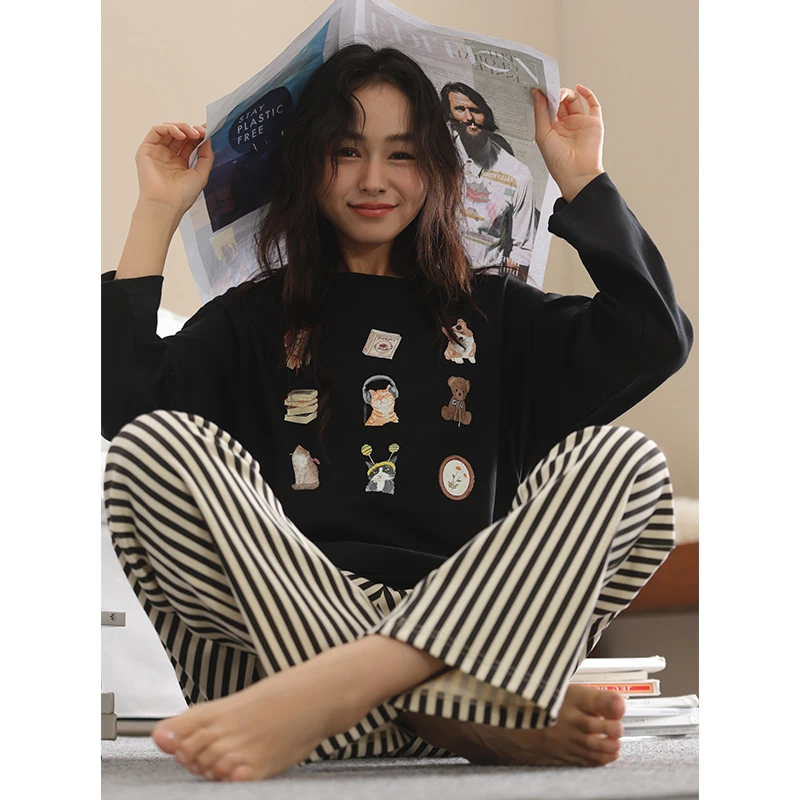 【美家臣】2025款睡衣女春秋针织棉圆领长袖长裤套装休闲卡通家居