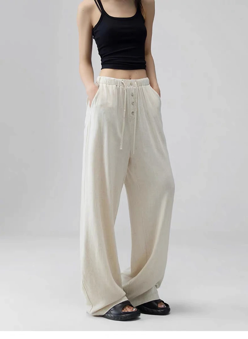 水洗冰丝亚麻裤女夏季薄款垂感慵懒防晒杏色棉麻阔腿休闲裤苎麻裤