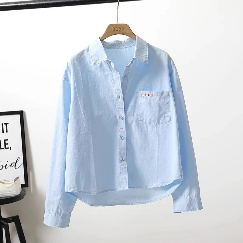 长袖口袋字母纯棉衬衫女休闲宽松上衣韩版春季新款显瘦外穿女款