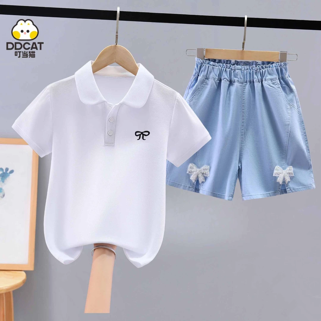 叮当猫女童套装夏装2025新款洋气中大童女孩翻领polo衫短袖两件套