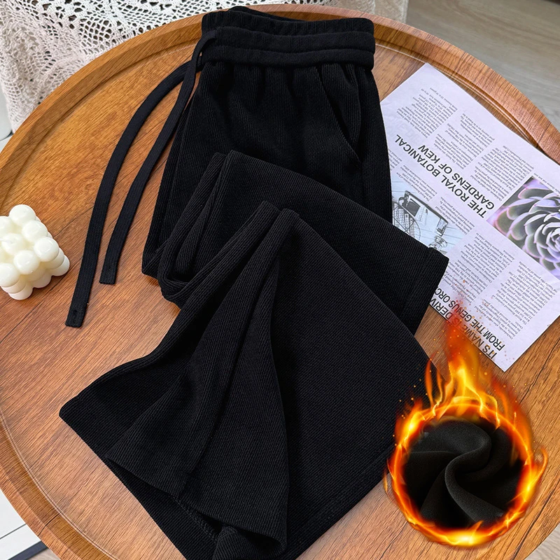 加绒阔腿裤女秋冬新款小个子高腰垂感黑色欧棉绒休闲窄版直筒裤子