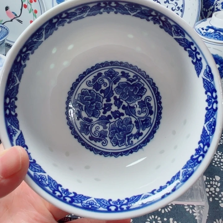 青花玲珑5寸饭碗牡丹花