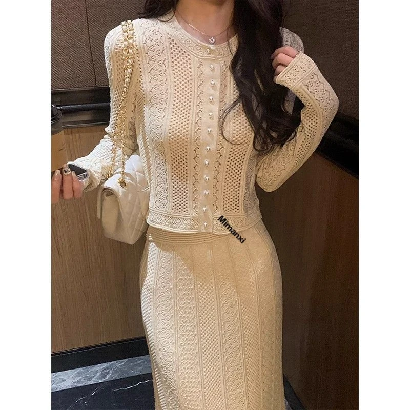 镂空高腰长裙长袖套装显瘦温柔初通勤休闲风法式钩花时尚夏季包臀