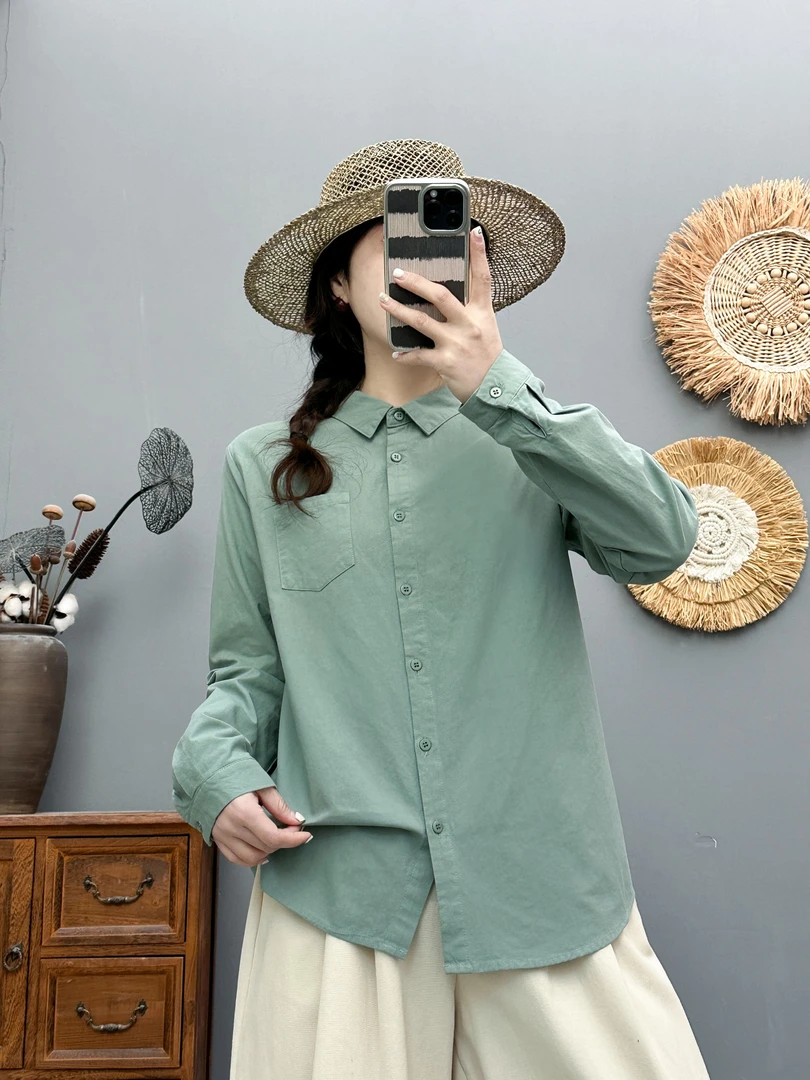 9189春秋新款复古文艺水洗棉长袖衬衫女全棉休闲衬衣宽松显瘦上衣