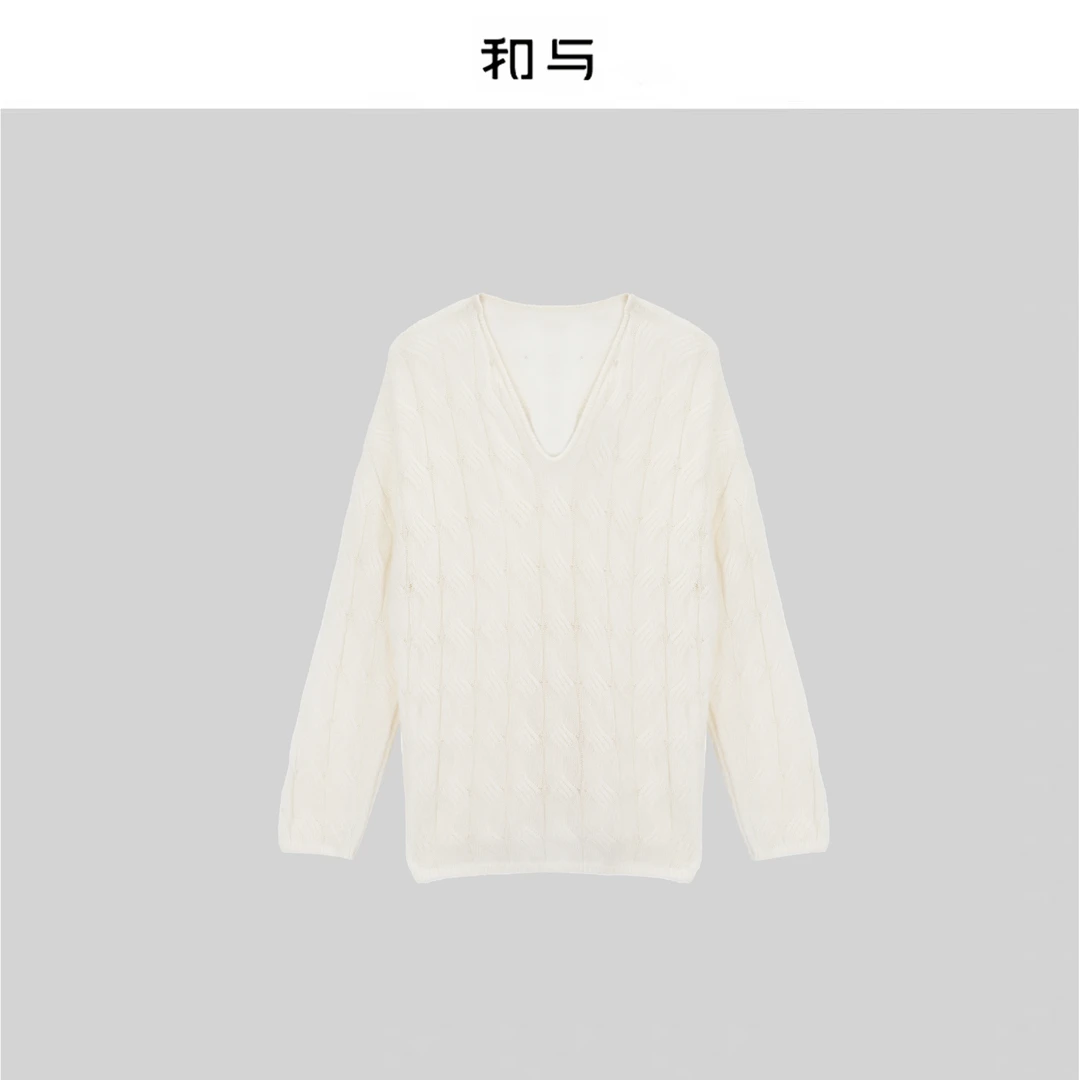 和与｜白厂丝+羊绒V领套头宽松麻花针织衫H54DYY10079