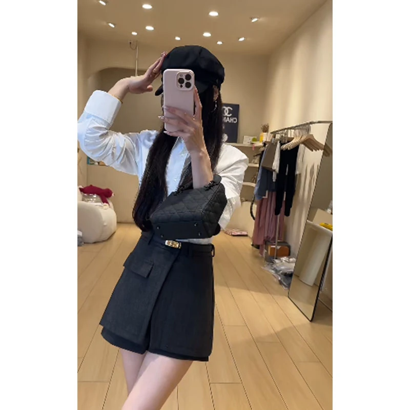 财阀千金范休闲洋气小众白色衬衫上衣高腰修身显瘦a字裙裤套装女