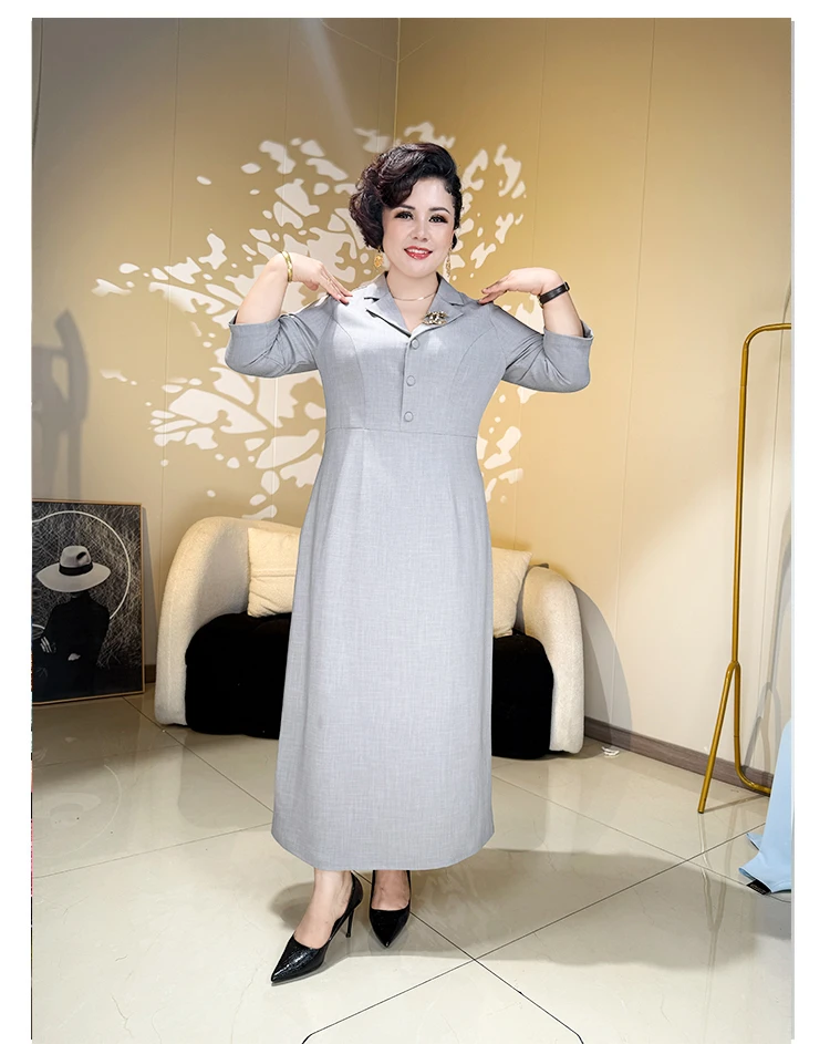 中式秋冬长袖中长裙A字裙套头长裙V领复古中长款修身连衣裙气质