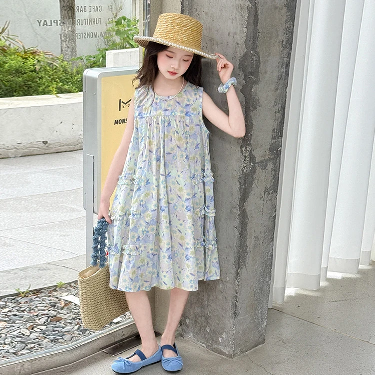 女童夏装无袖连衣裙2025新款女大童夏季韩系背心裙儿童碎花棉布裙