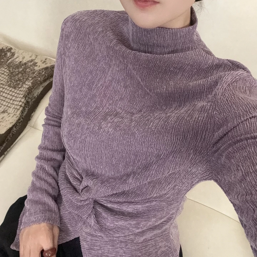 气质半高领长袖T恤内搭打底衫女扭结开叉设计感辣妹小众短款上衣