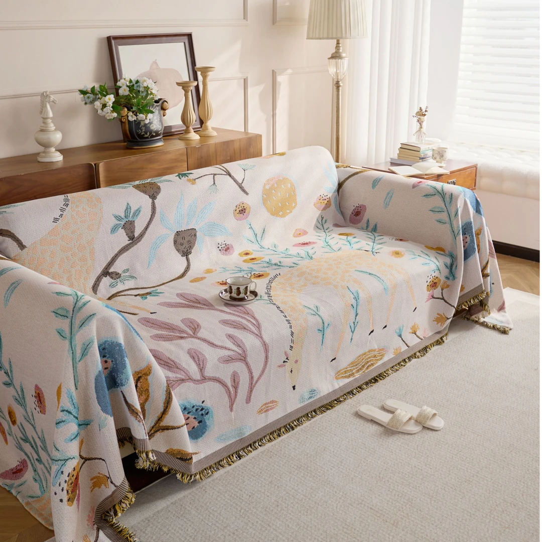 沙发巾防滑耐脏一鹿生花艺术油画风格四季通用沙发罩全盖