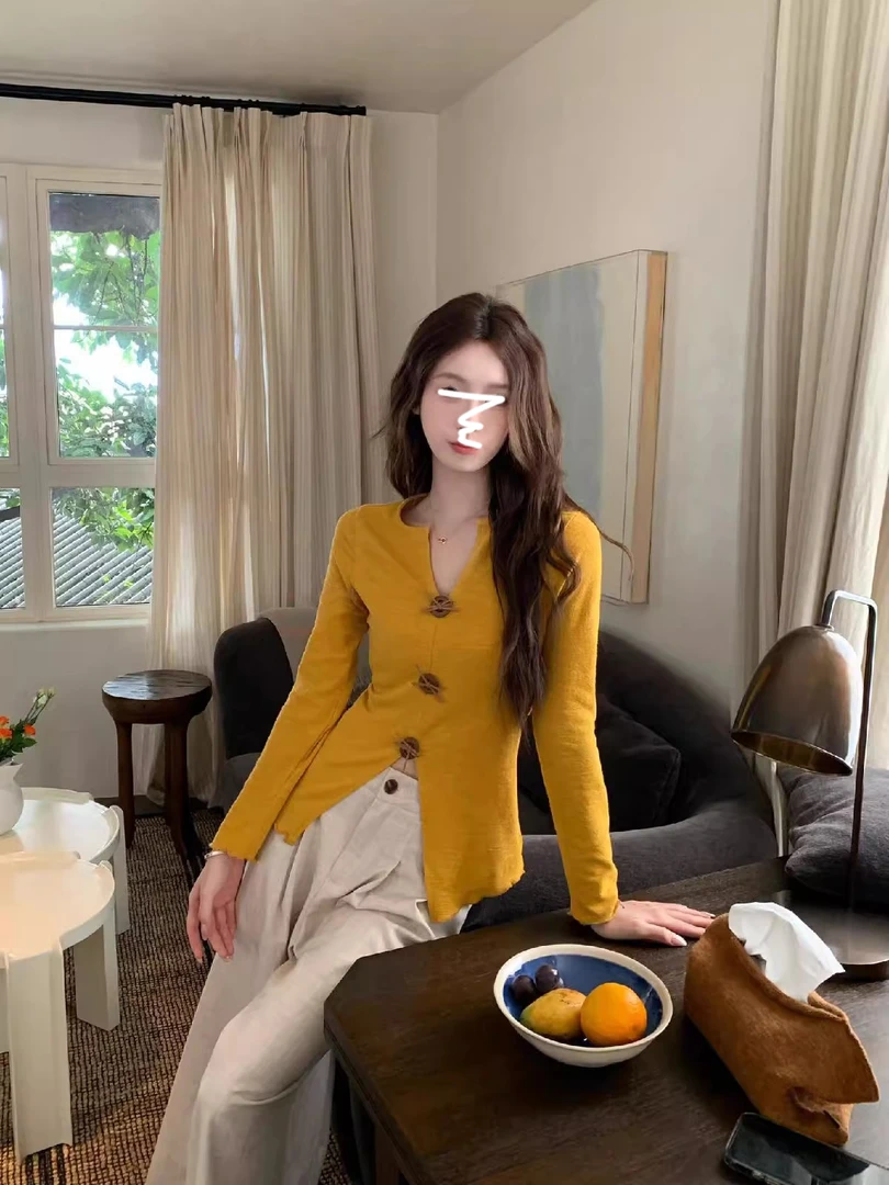 韩系入秋穿搭套装下摆开叉v领长袖针织衫上衣女秋季休闲裤两件套