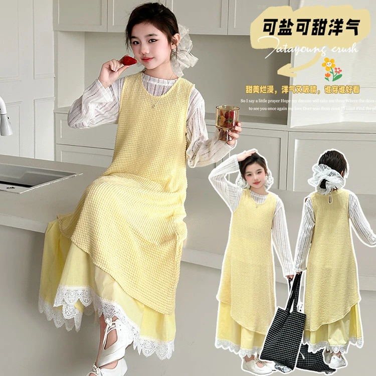 常规纯色套头女少女风春秋套装中大童好看裙子法式