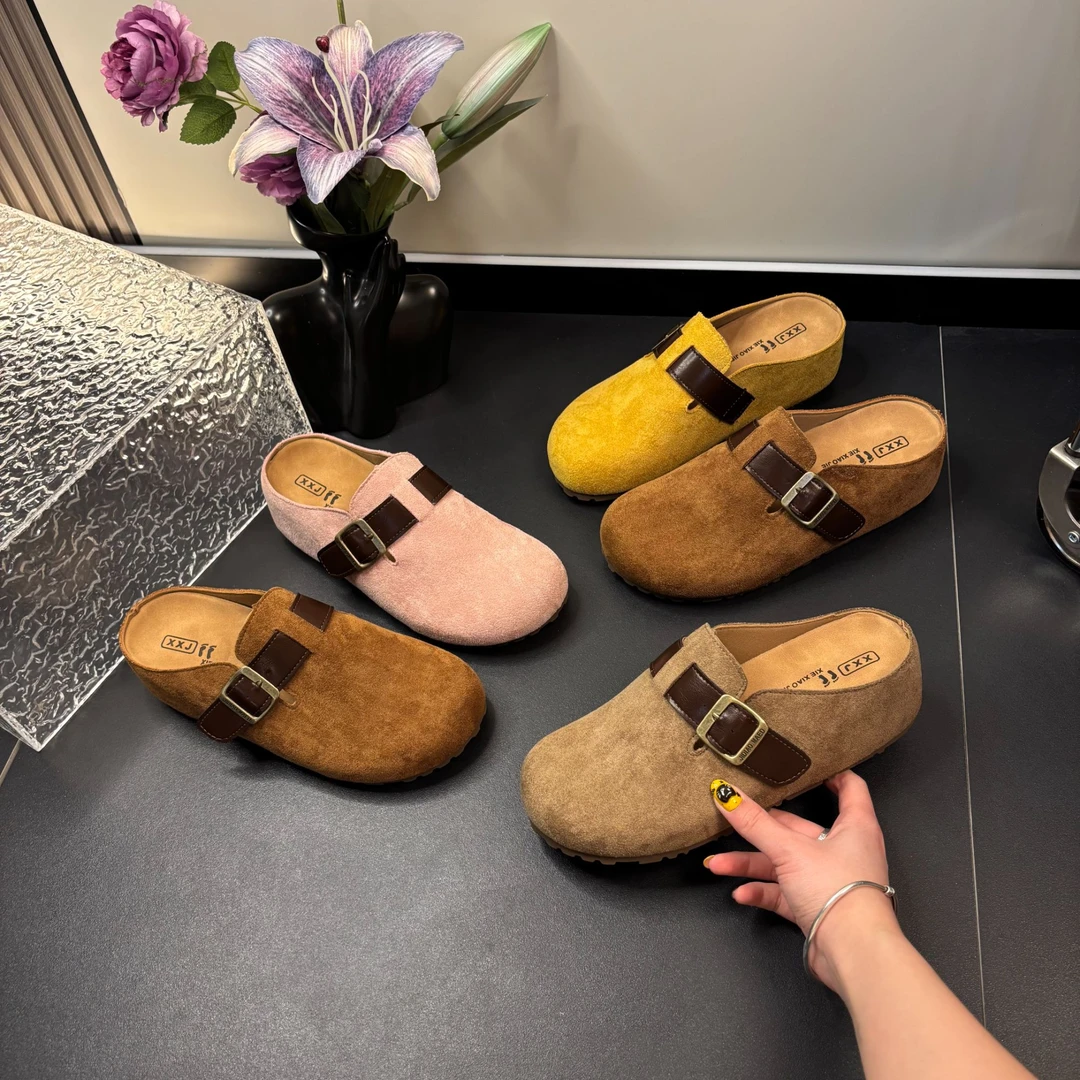 2025夏季新款时尚百搭皮带扣勃肯鞋女设计感坡跟小个子增高包头拖