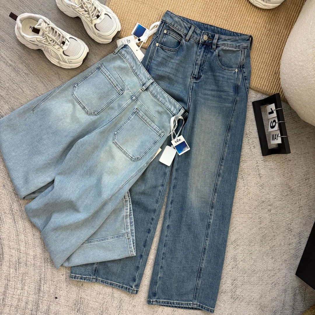 初奢自制精选～拼接立体感巨显腿直！新款垂坠感直筒阔腿窄版牛仔裤