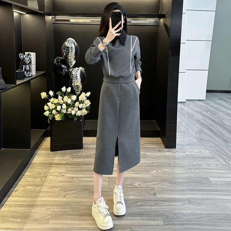 欧货高级感时尚套装裙女春季显瘦气质灰色休闲卫衣半身裙两件套装