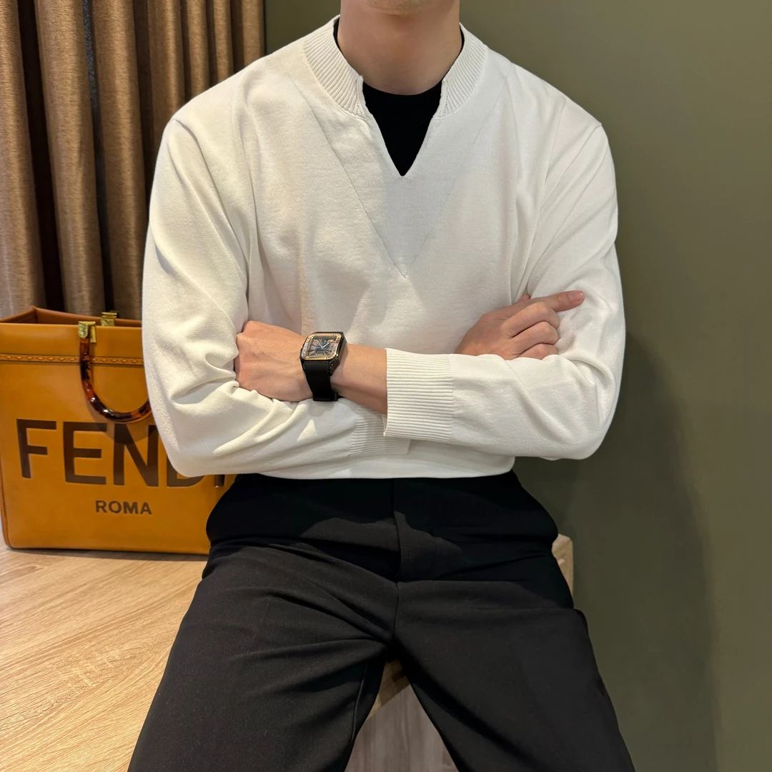 WUSHE物社男士春秋新款简约时尚假两件针织衫宽松百搭休闲男毛衣