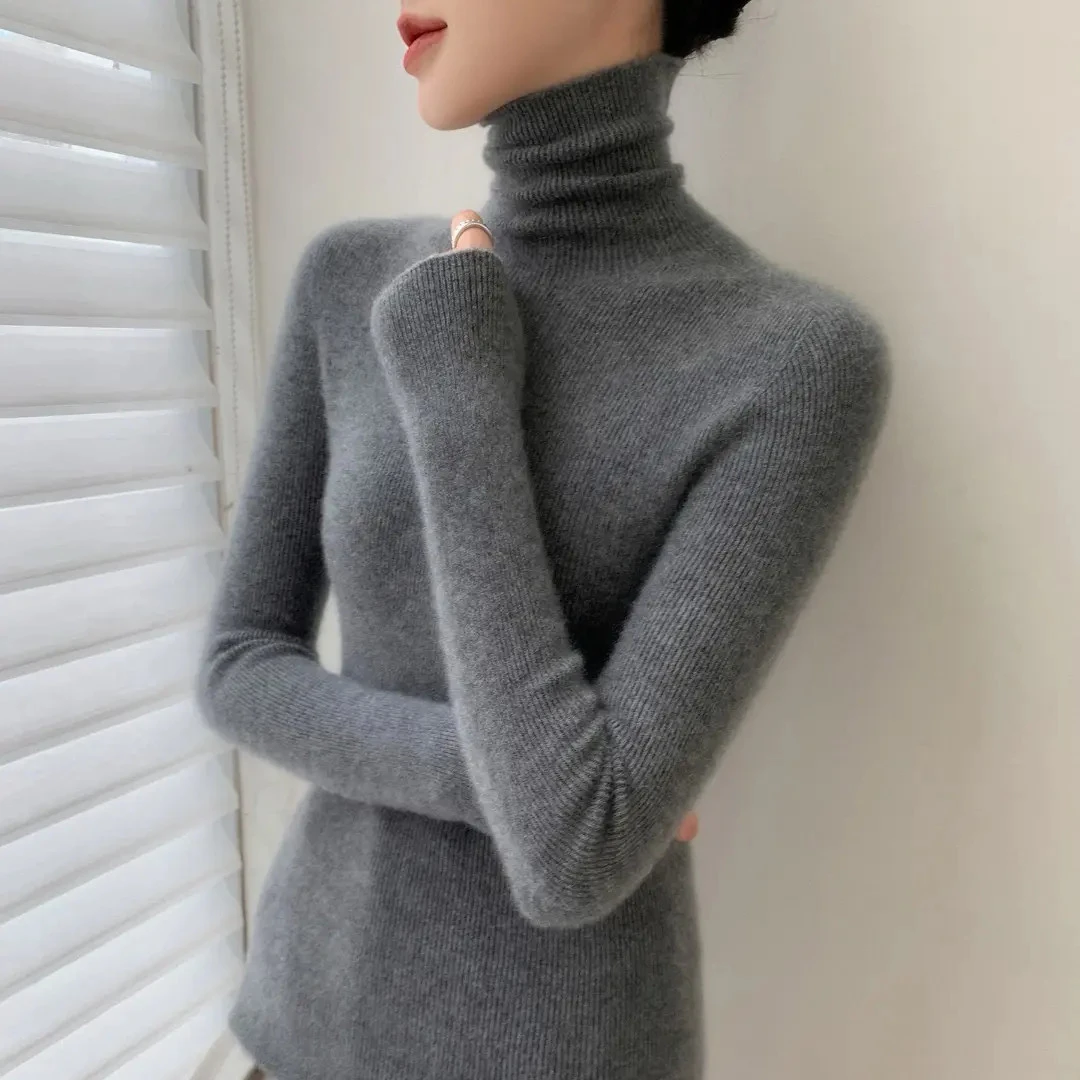 无缝一体深灰高领baby山羊绒衫女堆堆领修身羊毛衫紧身毛衣打底衫