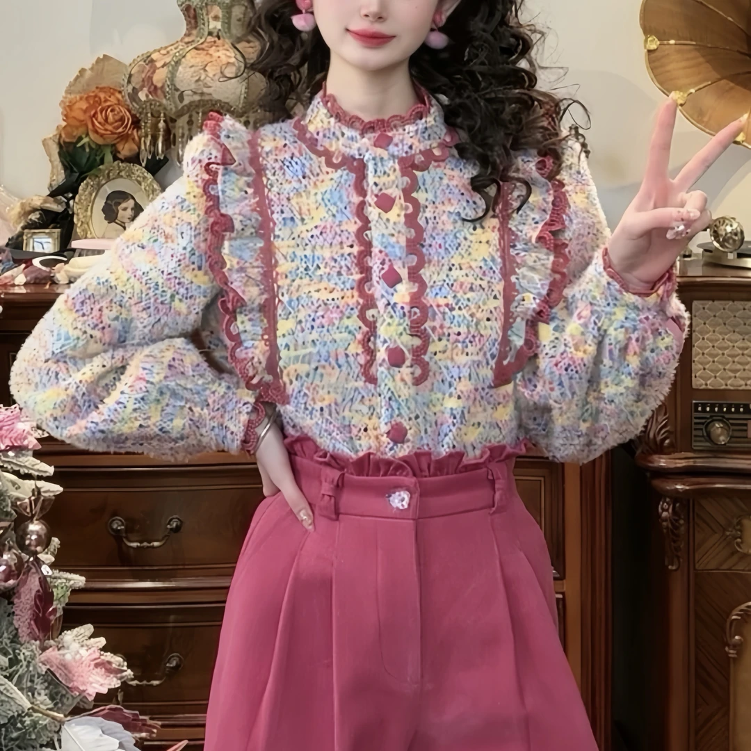 【彩色泡泡】加绒设计感小众彩色编织撞色花边衬衫5871显瘦气质衬衣
