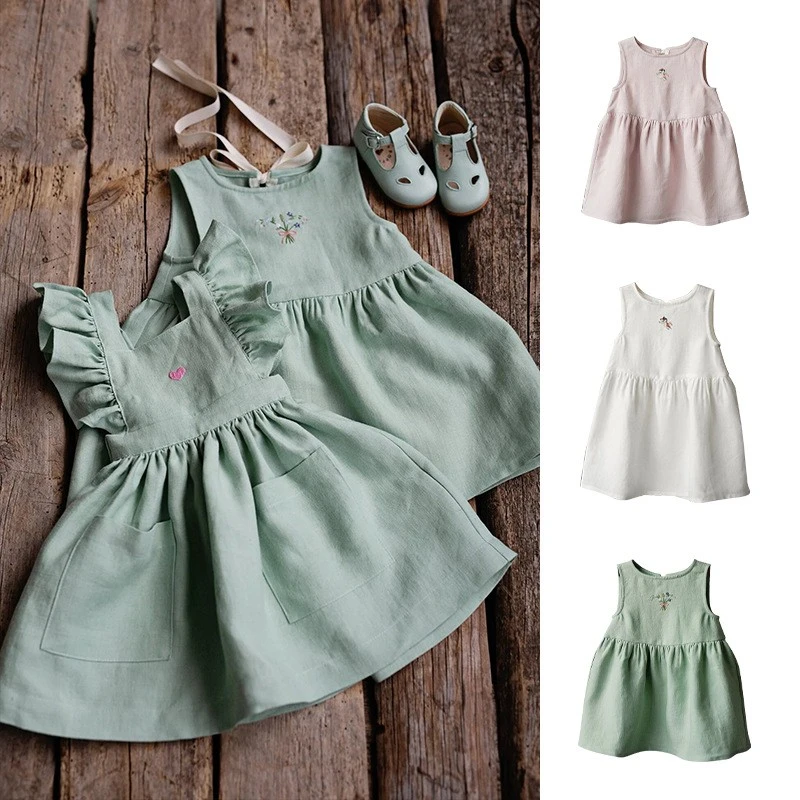 女童棉麻吊带裙2025北欧夏装新款森系女宝刺绣背心裙无袖连衣裙