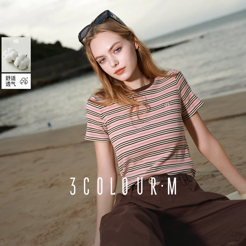 三彩2025夏季新款条纹T恤圆领刺绣正肩短袖休闲简约时尚上衣女M