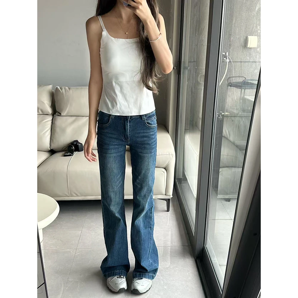 美式复古低腰微喇牛仔裤女秋季新款修身显瘦弹力直筒喇叭马蹄裤子