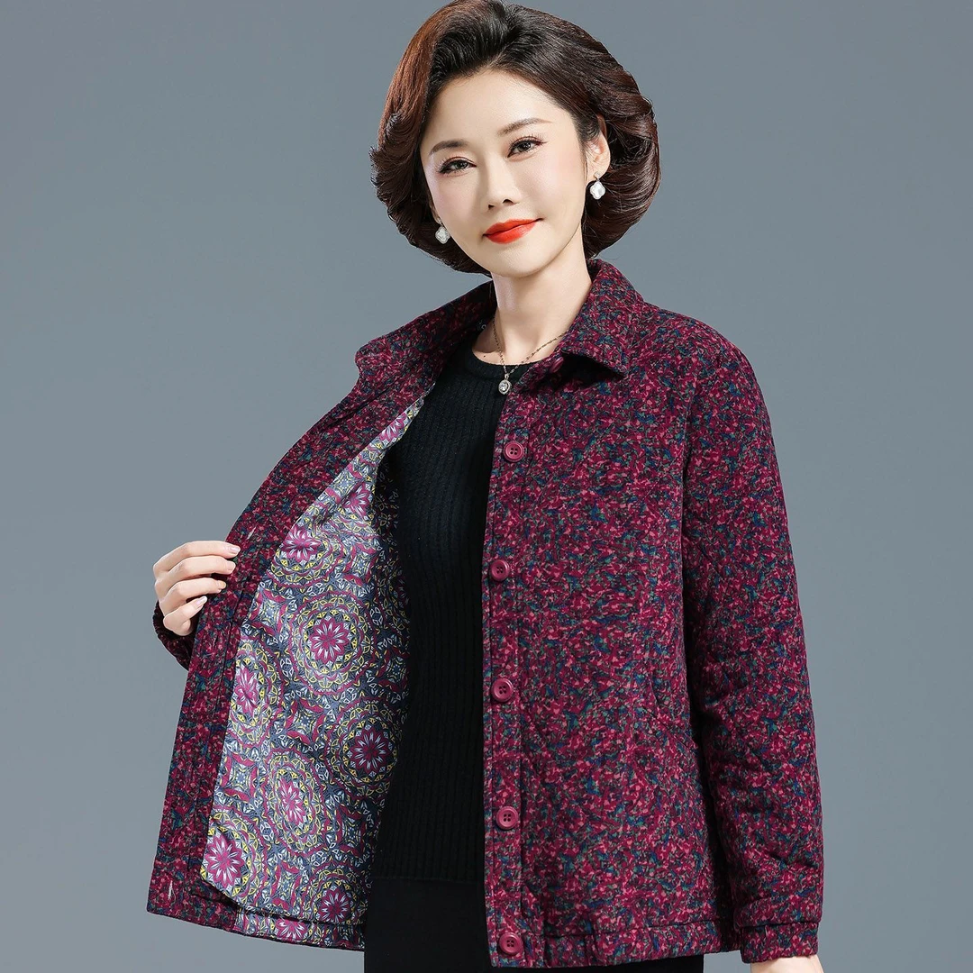 中老年女装纯棉夹棉外套奶奶休闲宽松大码上衣妈妈条绒显瘦薄棉服