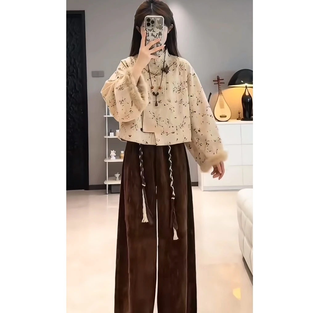 LaChapelle/拉夏贝尔秋冬款阔腿裤上衣两件套一整套秋冬季中式国