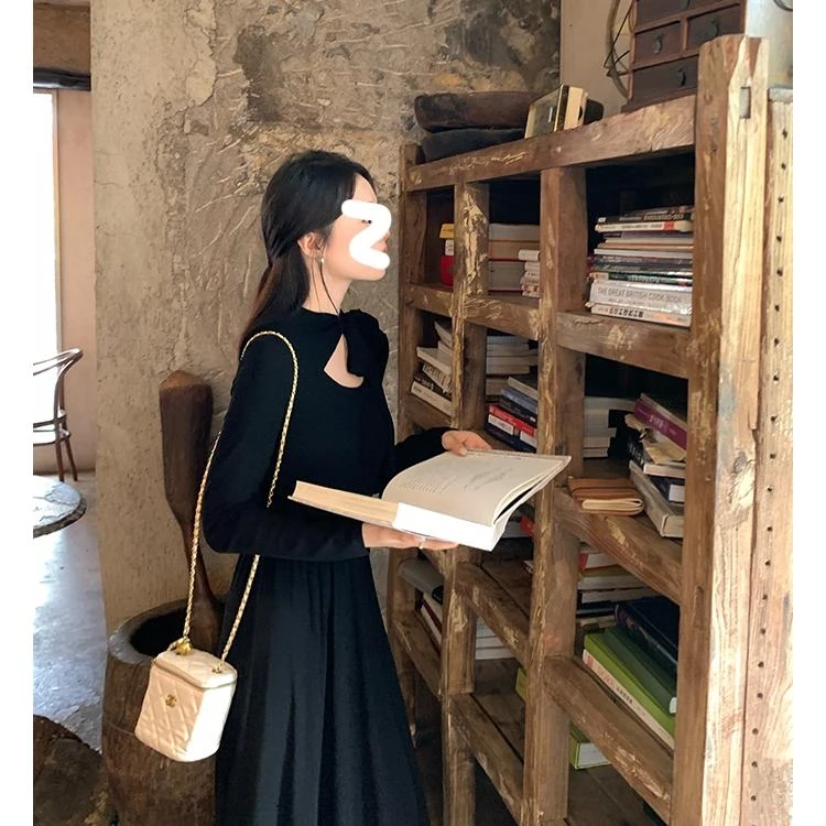 【两个长度】赫本风不规则领连衣裙气质修身长裙设计感显瘦A字裙