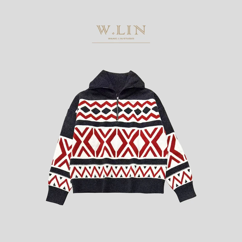 【雪姨专属】100%绵羊毛 费尔岛复古翻领提花半开胸毛衣 51A060418