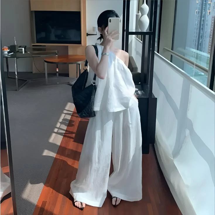 2025夏装设计感小众时尚减龄斜肩薄款睡衣女高腰阔腿裤两件套夏季