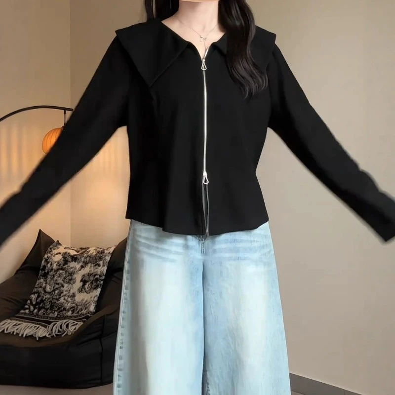 大码女装海军领长袖开衫女秋季2025胖妹妹气质百搭设计感洋气上衣