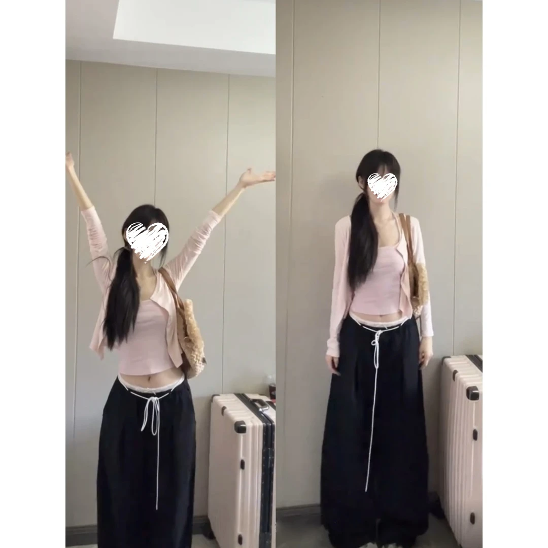 浅粉针织吊带两件套+假两件蕾丝双腰头宽松弯刀休闲裤    60656