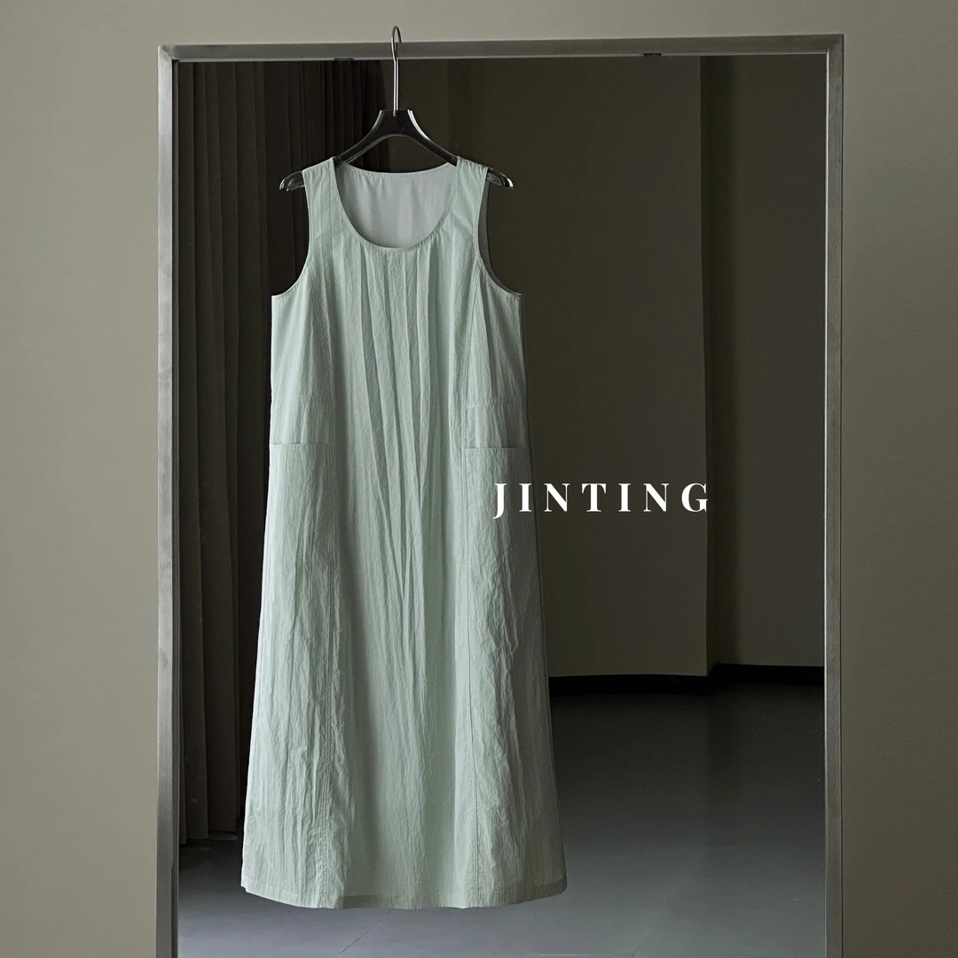 夏季新款极简风纯色质感无袖女通勤气质韩版连衣裙-M25221309