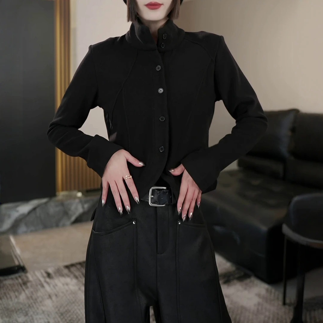 收腰显瘦双面德绒长袖衬衫2025秋冬新款时尚韩版百搭立领打底上衣