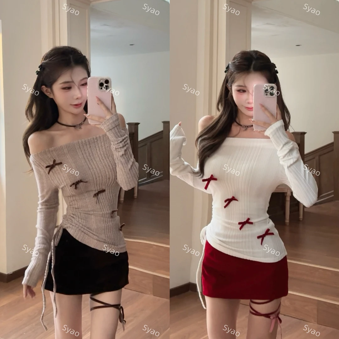 思瑶【圣诞小猫】蝴蝶结露肩长袖T恤搭绑带半裙#1193