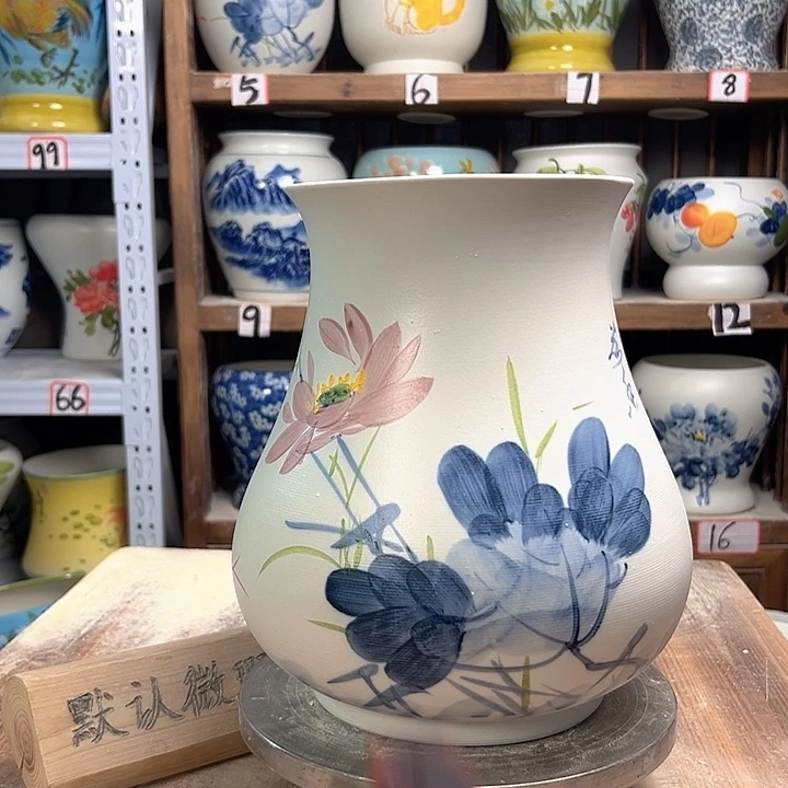 陶高27青花荷花陶瓷哑光白