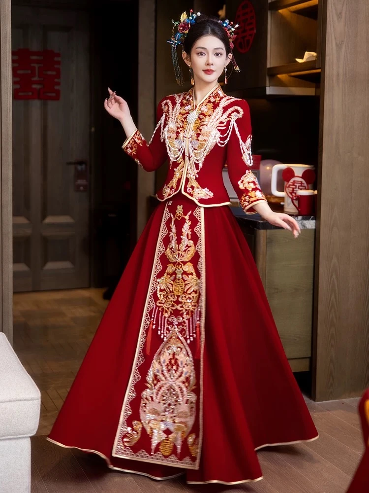丝绒高端秀禾服2025年新款修身显瘦V领结婚婚服敬酒服