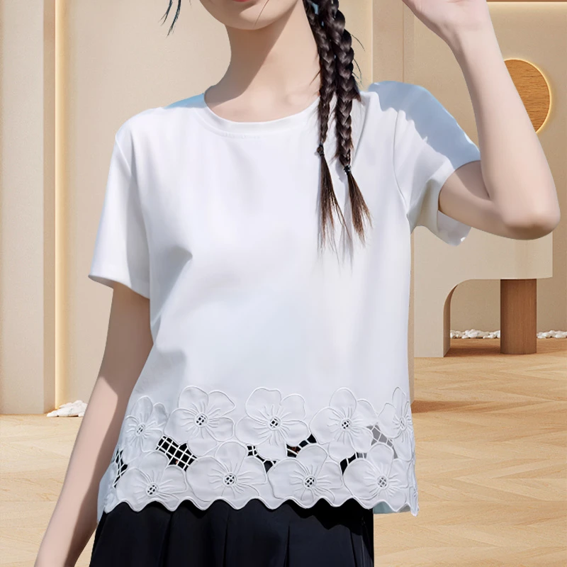 夏季新款花边下摆拼接t恤设计款短袖韩版时尚百搭圆领显瘦上衣ins