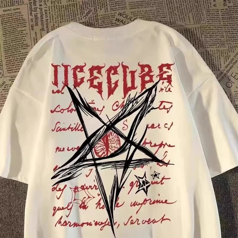 100%纯棉重磅夏季美式潮牌五角星印花青少年短袖T恤男女宽松体恤