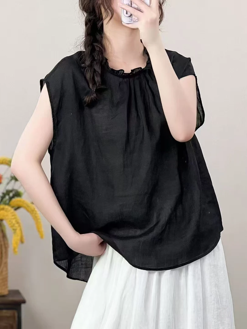 木耳领苎麻纯色百搭气质上衣