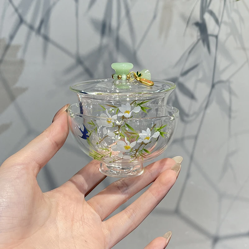 奉茗 夏日小清新高硼硅春暖花开盖碗套组不烫手泡茶碗喝茶杯套装