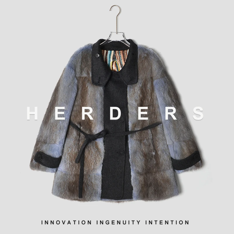 HERDERS 灰蓝色潮流时尚青根貂皮草外套40567