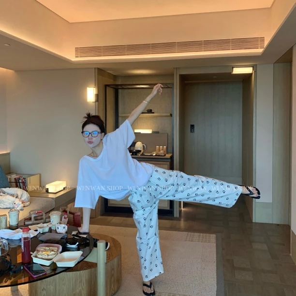 【小狗派对】可爱狗爪印花黑白新款高腰休闲松紧腰长裤